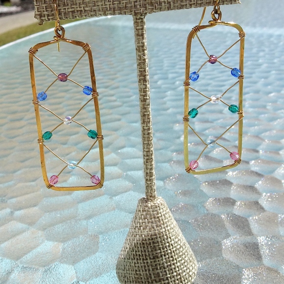 Golden Age Handcrafted Artisan Beaded Colorful Rectangle Big Statement Earrings - Picture 7 of 8